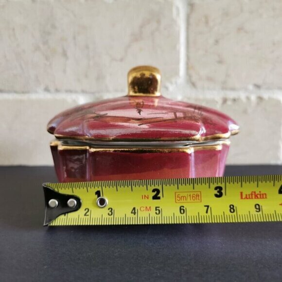 Small Storage Dish w/Lid Geometric Burgundy Gold Asian Trinkets Jewelry Box - Picture 9 of 9